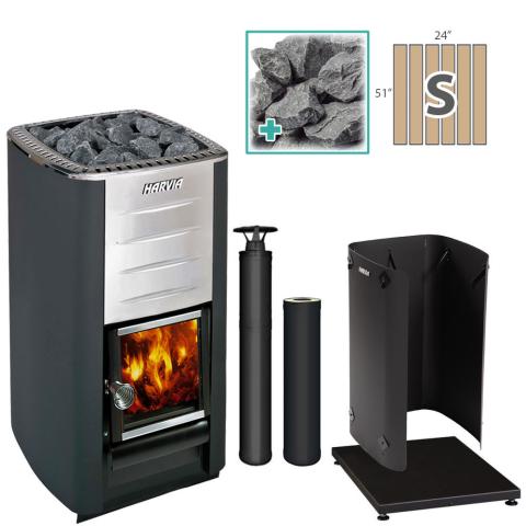 Harvia M3 Wood-Burning Stove Black Package with Small SaunaLife Barrel Floor