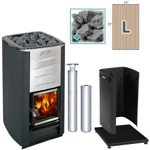 Harvia M3 Wood-Burning Stove Stainless Steel Package with Large SaunaLife Barrel Floor