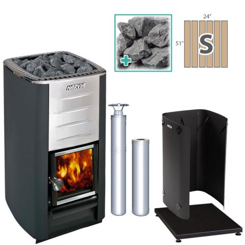 Harvia M3 Wood-Burning Stove Stainless Steel Package with Small SaunaLife Barrel Floor