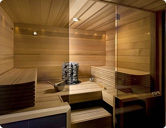 A small sauna room with a glass door, a stone heater in the corner and a two-level bench